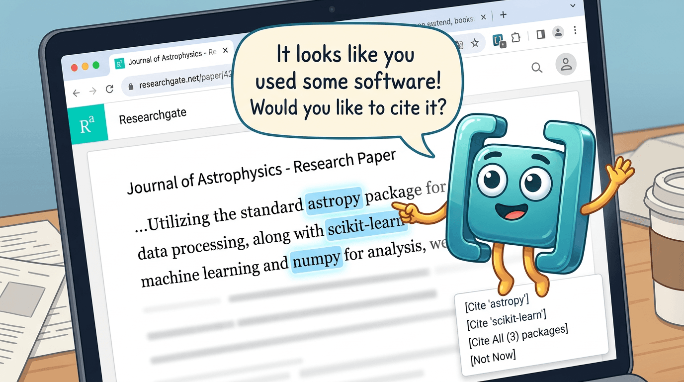 Citey, a friendly square-bracket mascot, popping up on a research paper to offer one-click citations for the software it mentions.